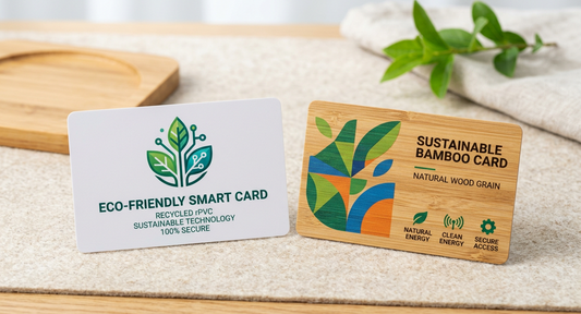 Eco-friendly sustainable NFC smart cards made of FSC-certified wood, rPVC, and PLA for enterprise access and branding
