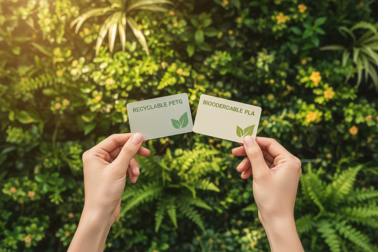 Hands with Eco Cards in Nature